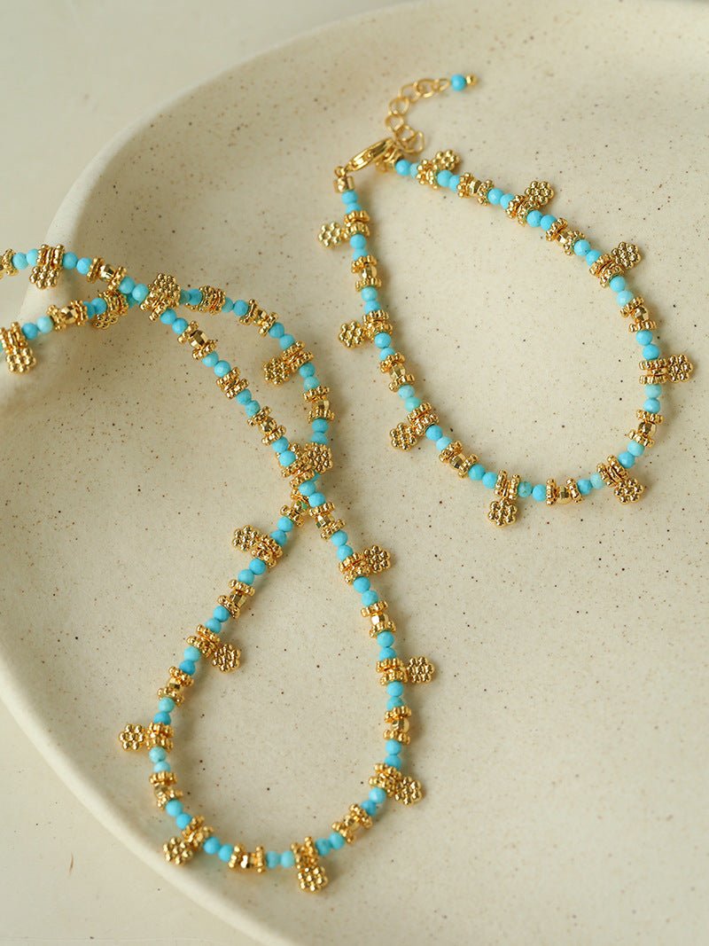 Soothing Blue Turquoise Tiny Flower Beaded Necklace - floysun