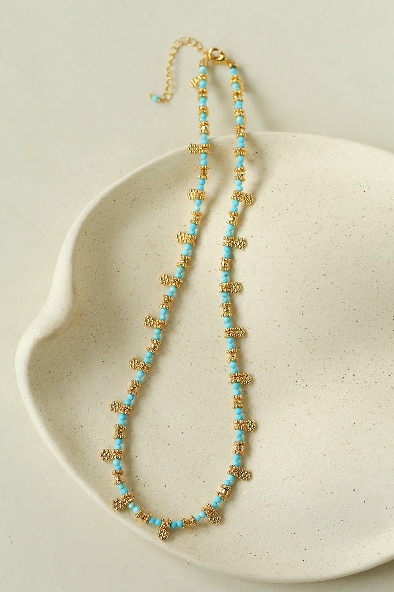 Soothing Blue Turquoise Tiny Flower Beaded Necklace - floysun