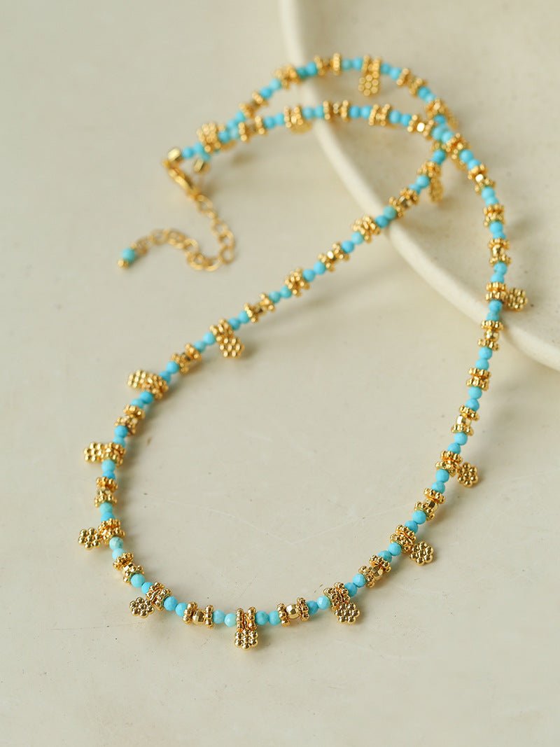 Soothing Blue Turquoise Tiny Flower Beaded Necklace - floysun