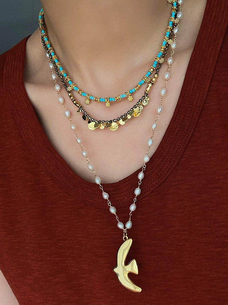 Soothing Blue Turquoise Tiny Flower Beaded Necklace - floysun