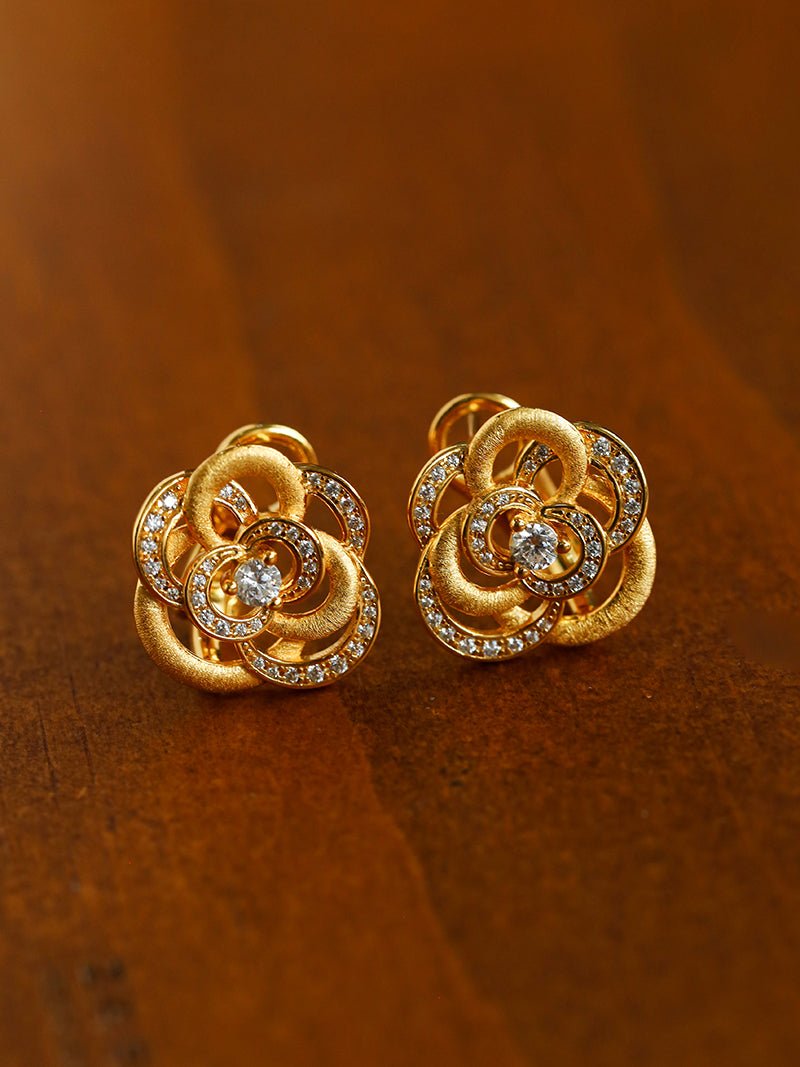 Sparkling Diamond Brushed Camellia Stud Earrings - floysun