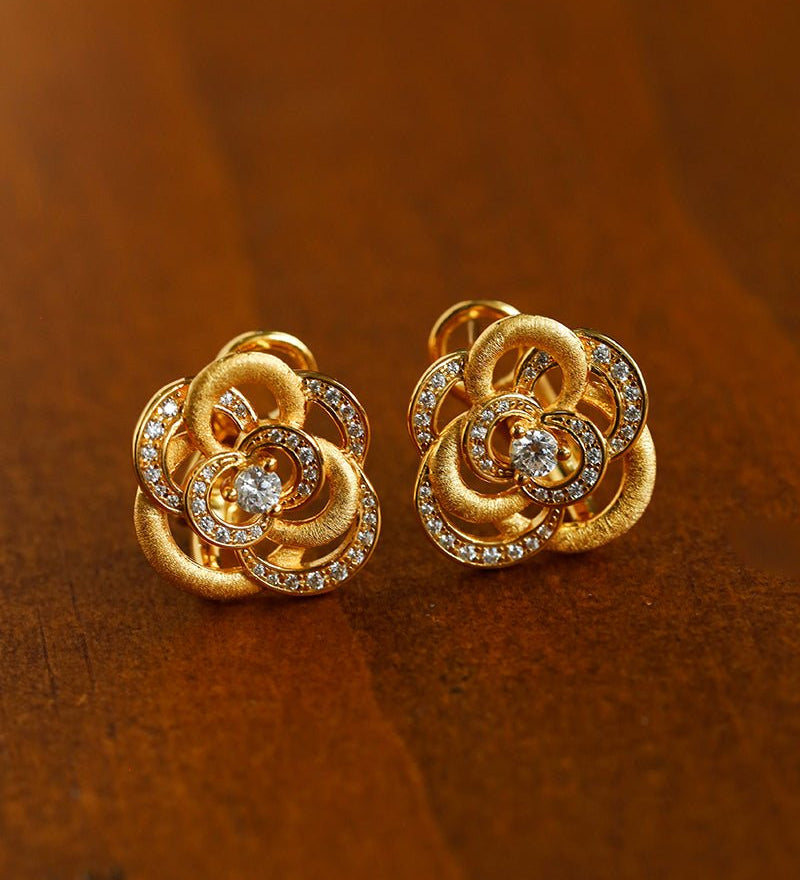 Sparkling Diamond Brushed Camellia Stud Earrings - floysun