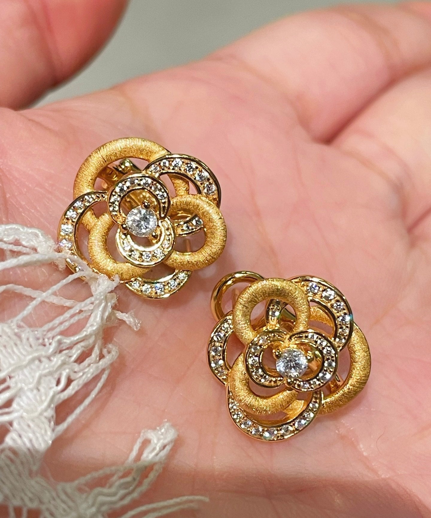 Sparkling Diamond Brushed Camellia Stud Earrings - floysun