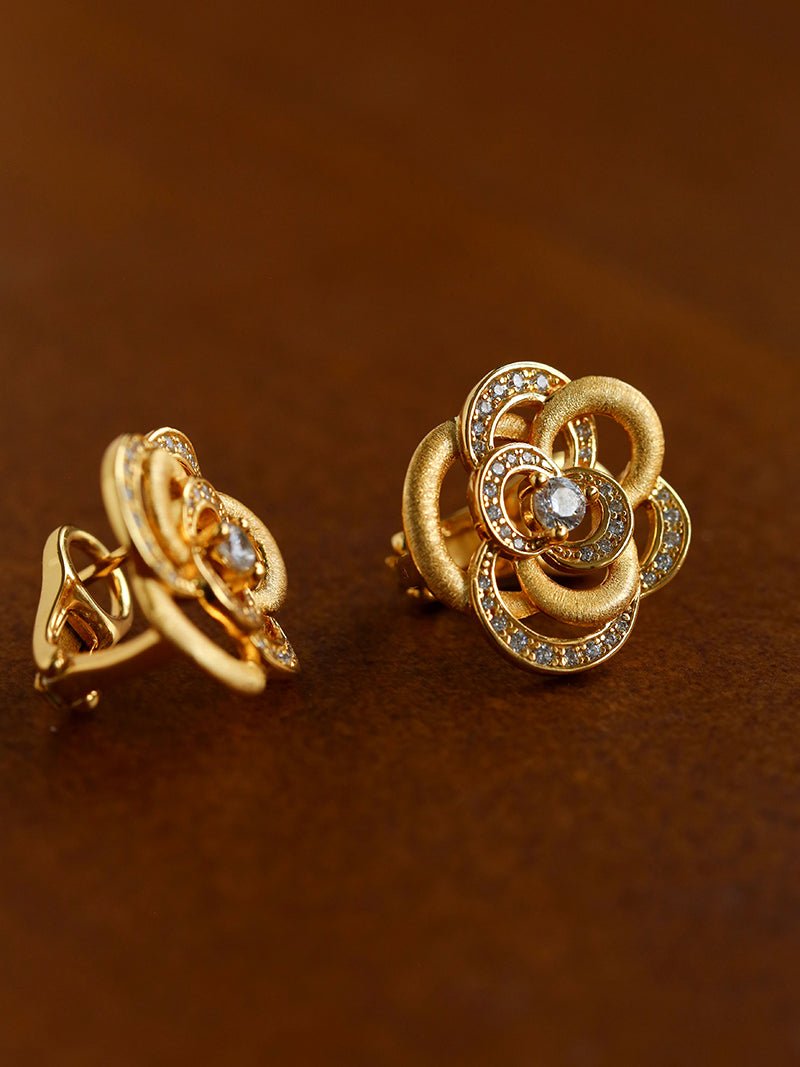 Sparkling Diamond Brushed Camellia Stud Earrings - floysun