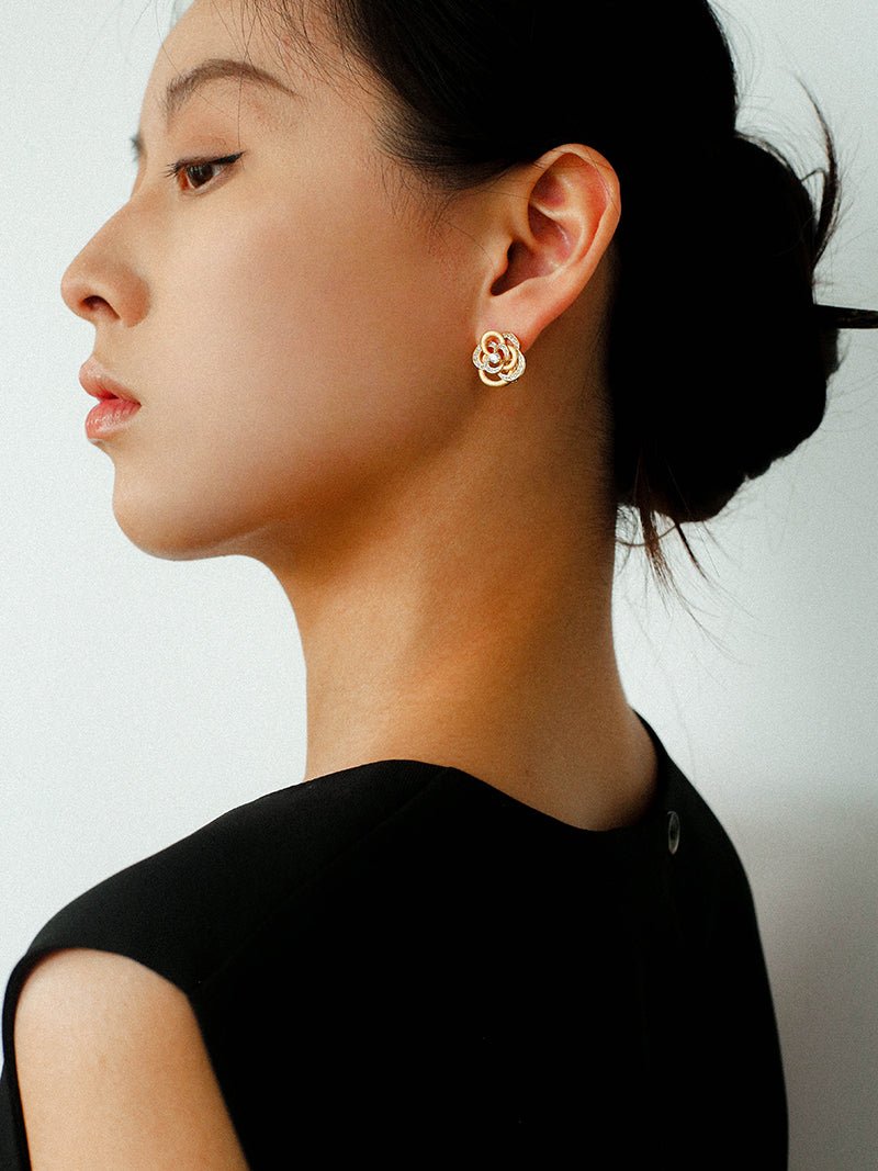 Sparkling Diamond Brushed Camellia Stud Earrings - floysun