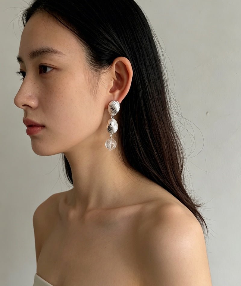 Spiral Conch Clear Quartz Long Drop Earrings - floysun