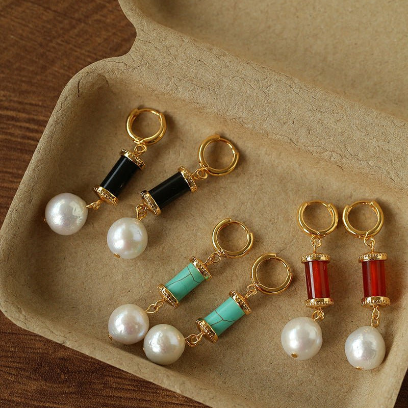 Spring 2026 Vintage Natural Stone & Pearl Earrings - floysun