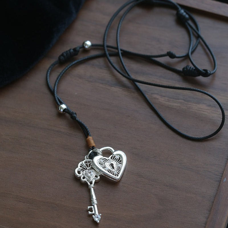 Spring Lace Key & Heart Lock Necklace With Zirconia Accents - floysun