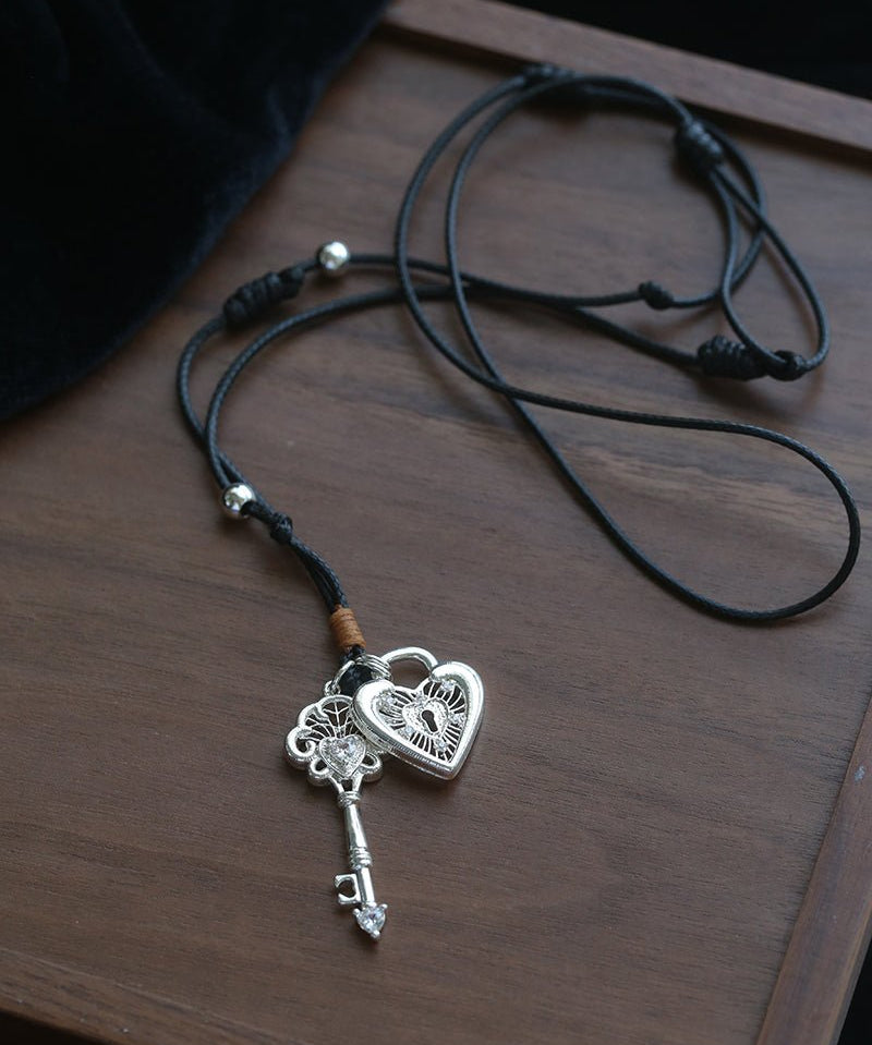 Spring Lace Key & Heart Lock Necklace With Zirconia Accents - floysun