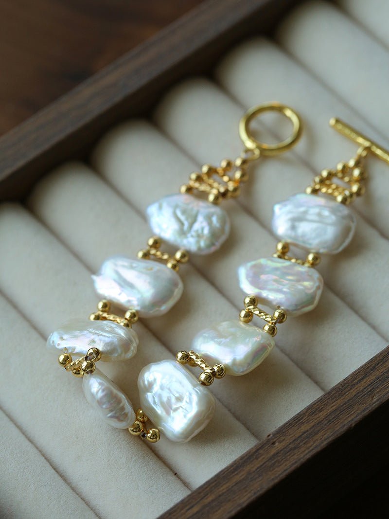 Square Baroque Natural Freshwater Pearl OT Toggle Clasp Statement Bracelet - floysun