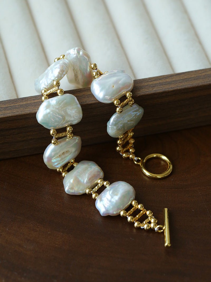 Square Baroque Natural Freshwater Pearl OT Toggle Clasp Statement Bracelet - floysun