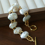 Square Baroque Natural Freshwater Pearl OT Toggle Clasp Statement Bracelet - floysun
