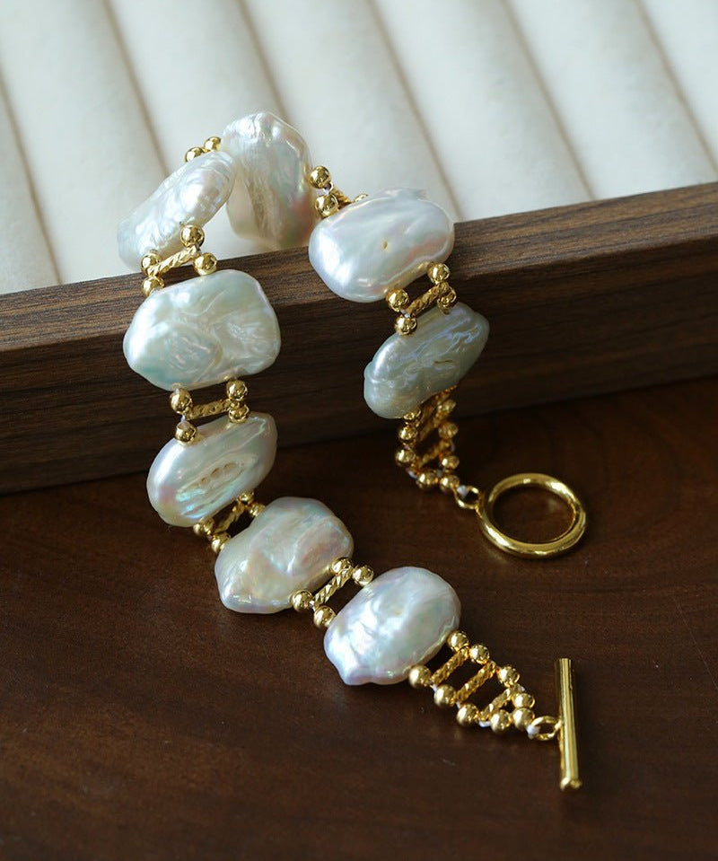 Square Baroque Natural Freshwater Pearl OT Toggle Clasp Statement Bracelet - floysun