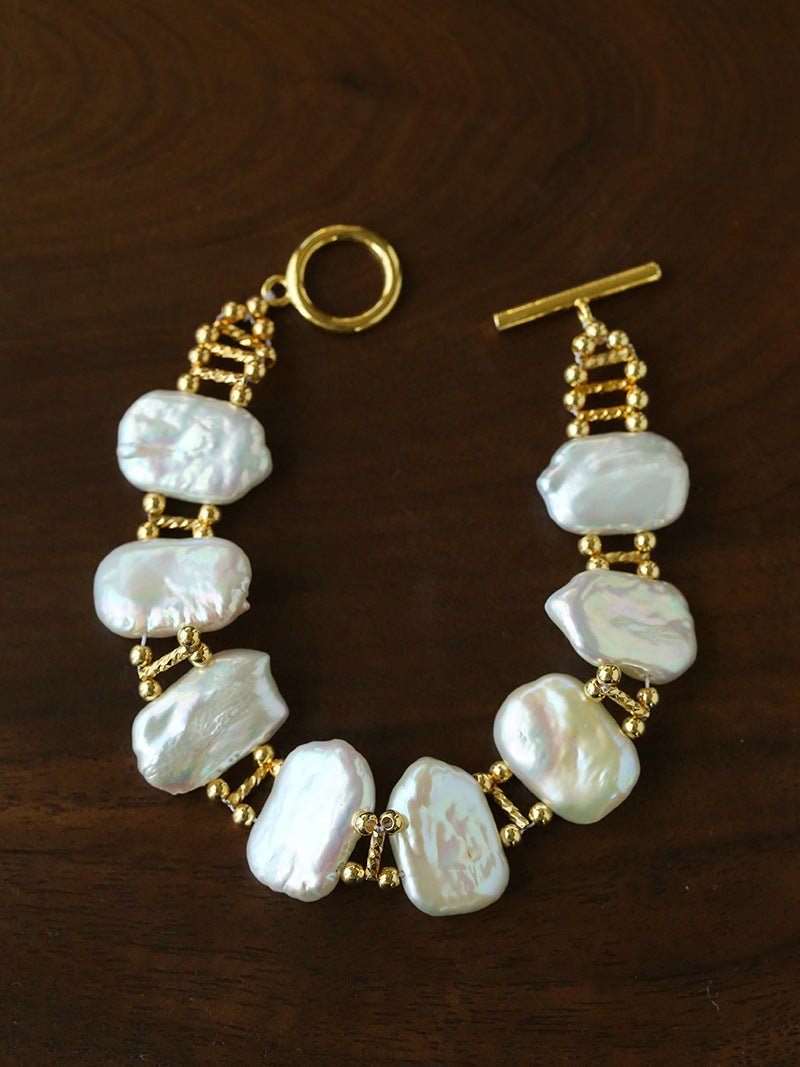 Square Baroque Natural Freshwater Pearl OT Toggle Clasp Statement Bracelet - floysun