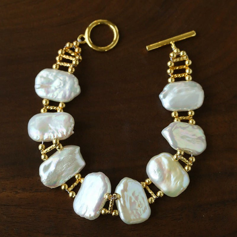 Square Baroque Natural Freshwater Pearl OT Toggle Clasp Statement Bracelet - floysun