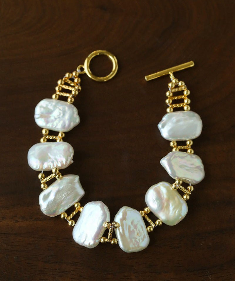 Square Baroque Natural Freshwater Pearl OT Toggle Clasp Statement Bracelet - floysun