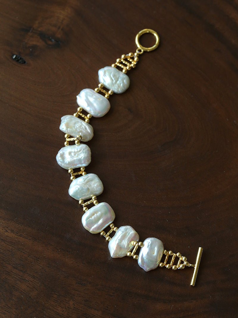 Square Baroque Natural Freshwater Pearl OT Toggle Clasp Statement Bracelet - floysun