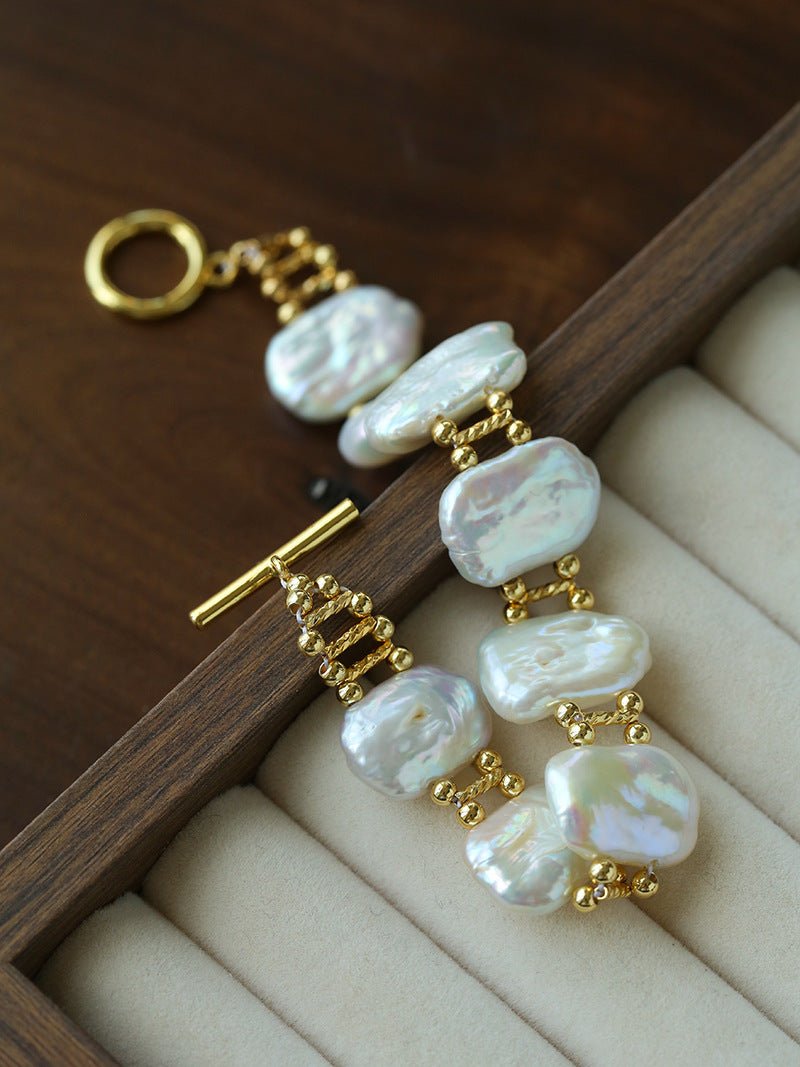 Square Baroque Natural Freshwater Pearl OT Toggle Clasp Statement Bracelet - floysun