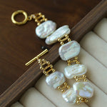 Square Baroque Natural Freshwater Pearl OT Toggle Clasp Statement Bracelet - floysun