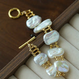 Square Baroque Natural Freshwater Pearl OT Toggle Clasp Statement Bracelet - floysun
