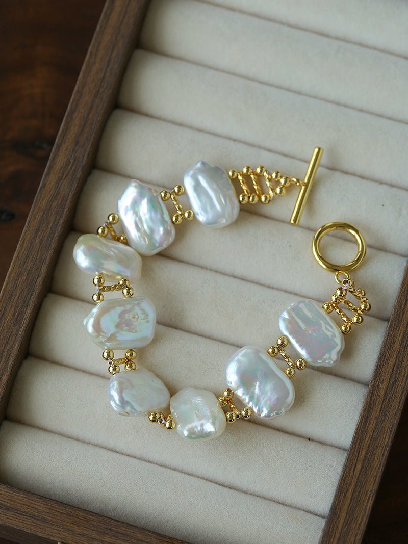 Square Baroque Natural Freshwater Pearl OT Toggle Clasp Statement Bracelet - floysun