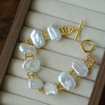 Square Baroque Natural Freshwater Pearl OT Toggle Clasp Statement Bracelet - floysun