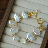 Square Baroque Natural Freshwater Pearl OT Toggle Clasp Statement Bracelet - floysun
