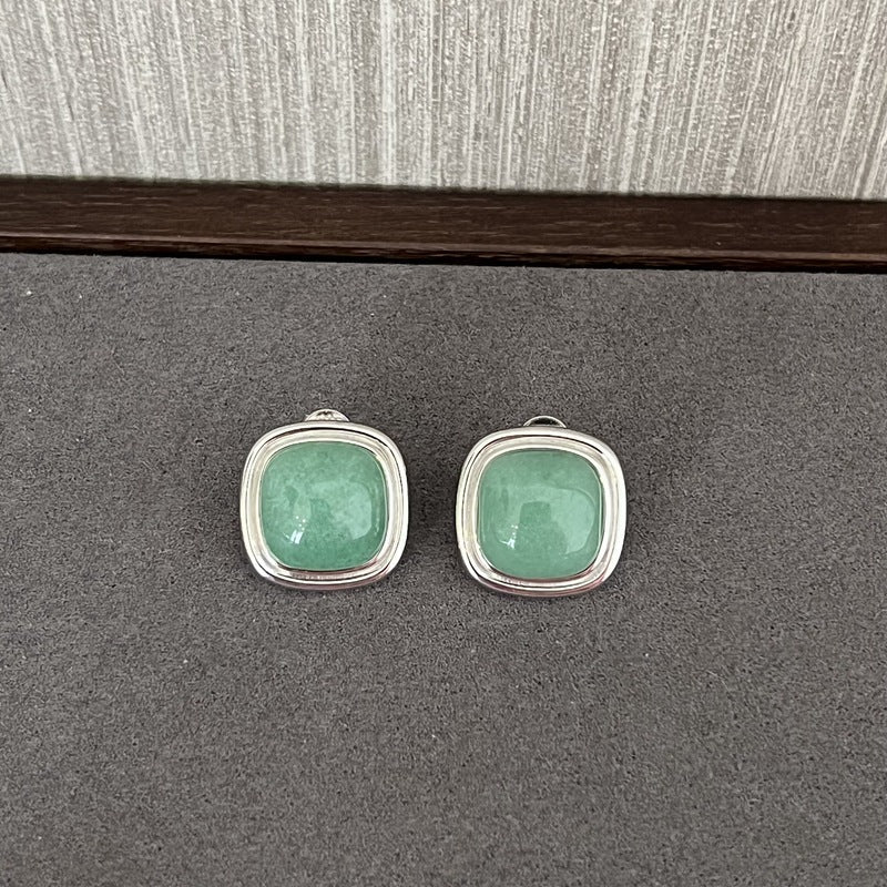 Square Gemstone Stud Earrings – Green Aventurine / Black Agate / White Chalcedony - floysun