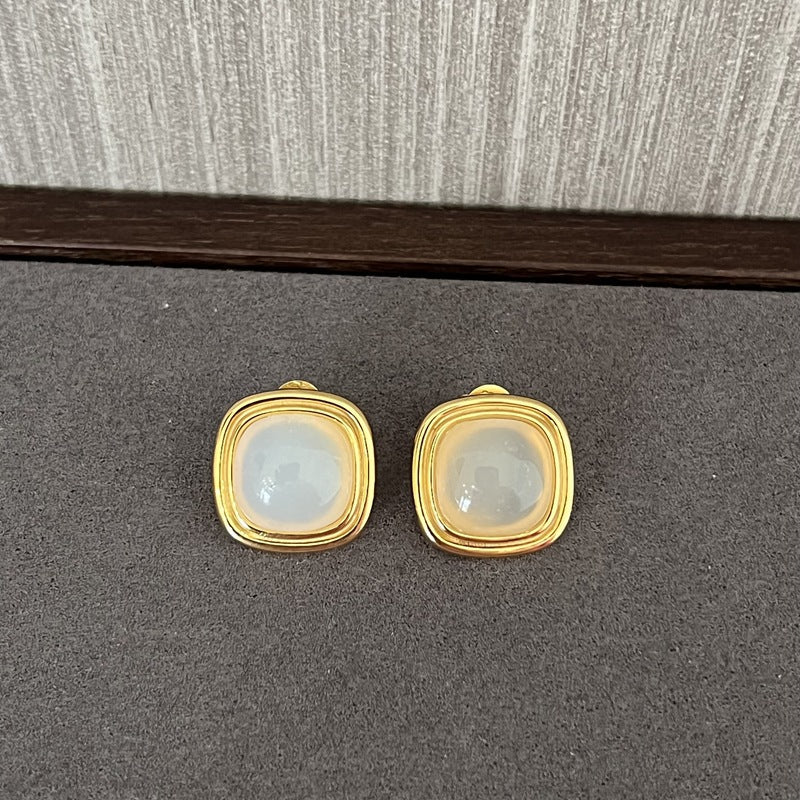 Square Gemstone Stud Earrings – Green Aventurine / Black Agate / White Chalcedony - floysun