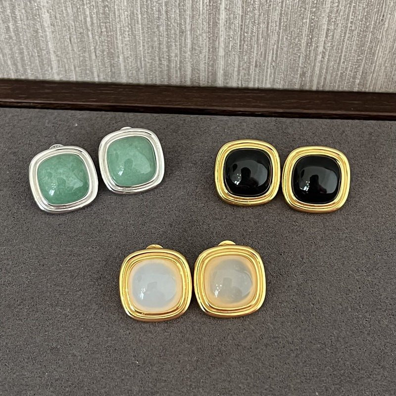 Square Gemstone Stud Earrings – Green Aventurine / Black Agate / White Chalcedony - floysun