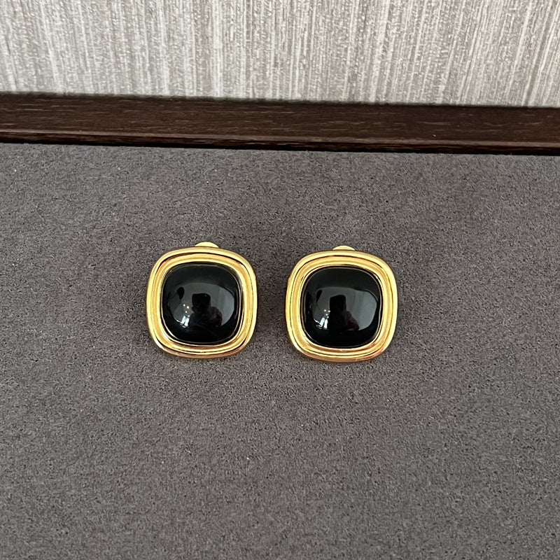 Square Gemstone Stud Earrings – Green Aventurine / Black Agate / White Chalcedony - floysun