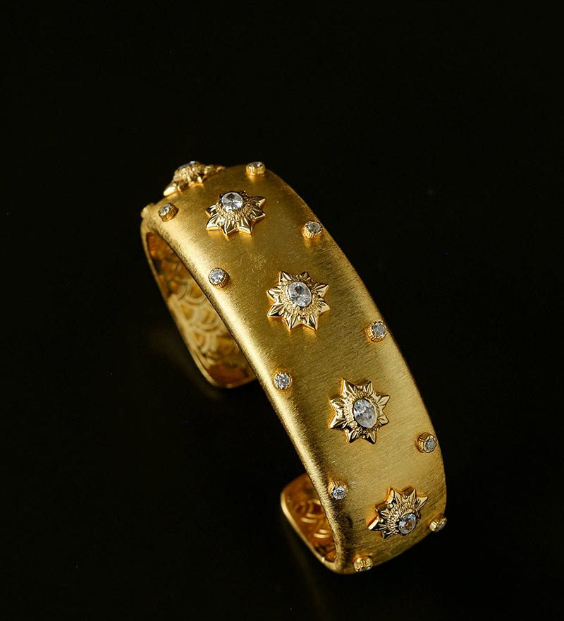 Star - Embellished Wide Cuff Bracelet – Brushed Gold with Gold Stars - floysun