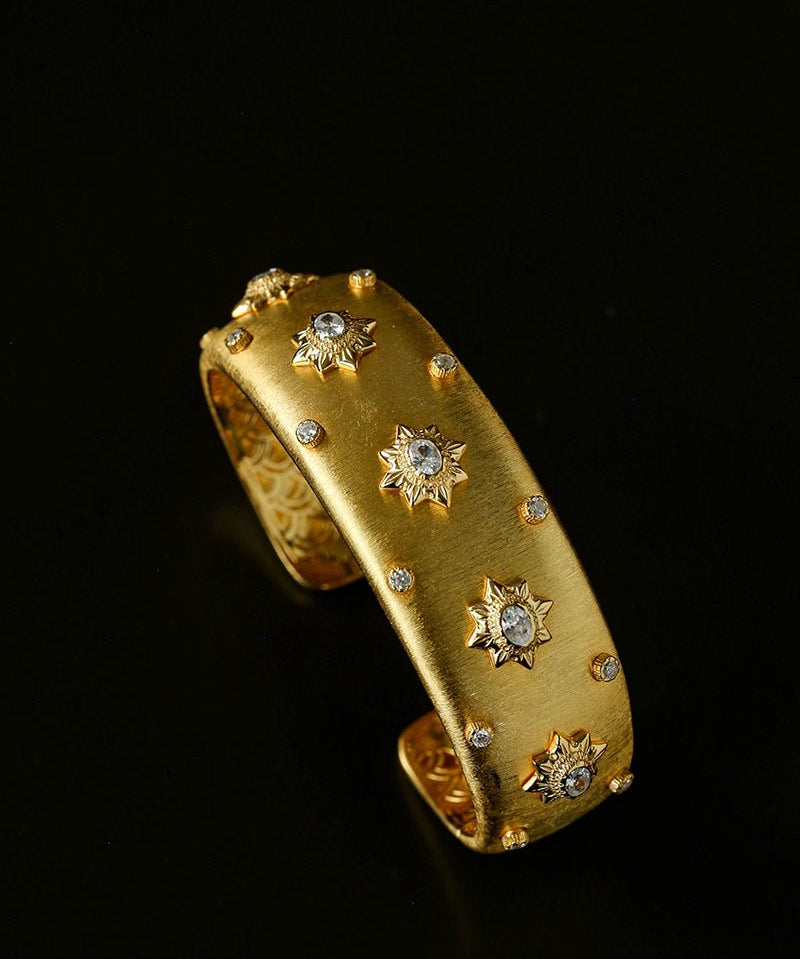 Star - Embellished Wide Cuff Bracelet – Brushed Gold with Gold Stars - floysun