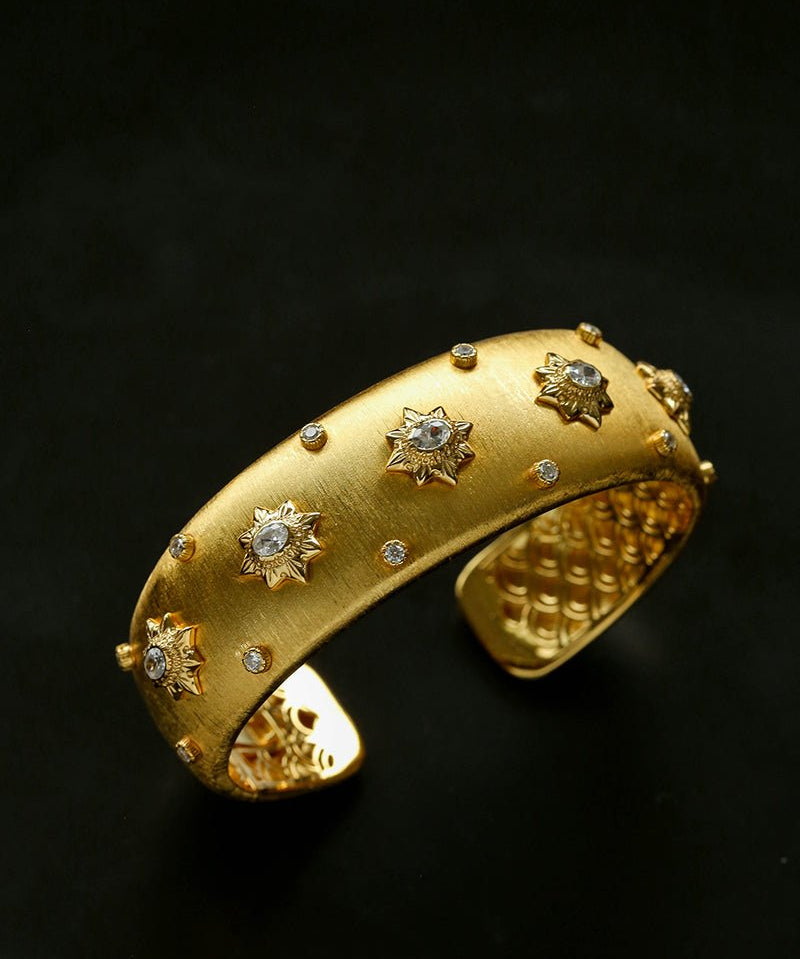 Star - Embellished Wide Cuff Bracelet – Brushed Gold with Gold Stars - floysun