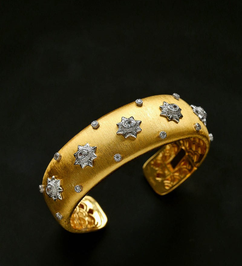 Star - Embellished Wide Cuff Bracelet – Brushed Gold with Silver Stars - floysun
