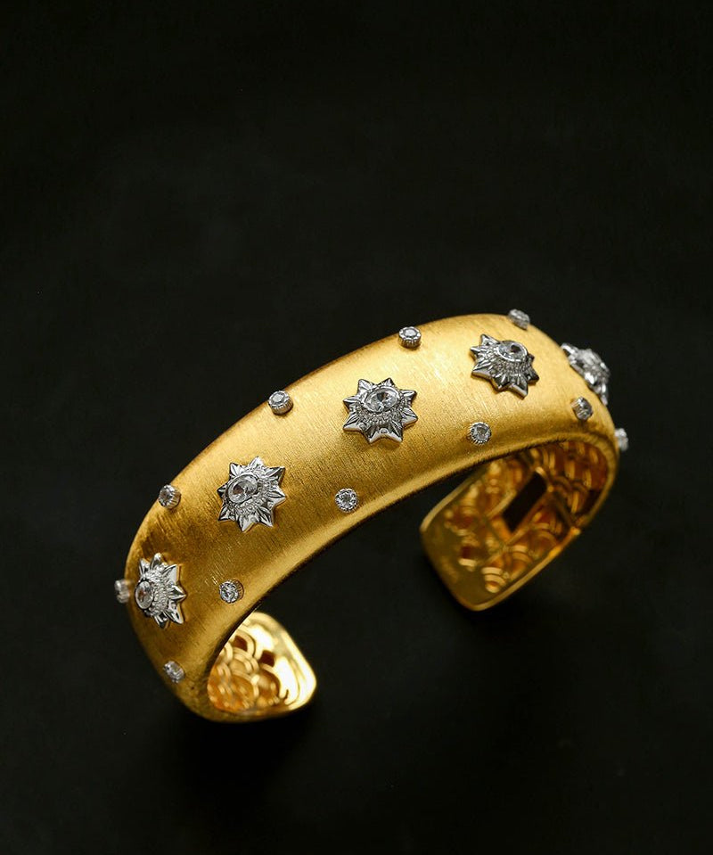 Star - Embellished Wide Cuff Bracelet – Brushed Gold with Silver Stars - floysun