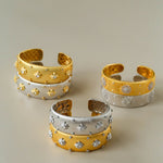Star - Embellished Wide Cuff Bracelet – Brushed Gold with Silver Stars - floysun