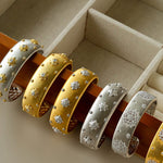 Star - Embellished Wide Cuff Bracelet – Brushed Gold with Silver Stars - floysun