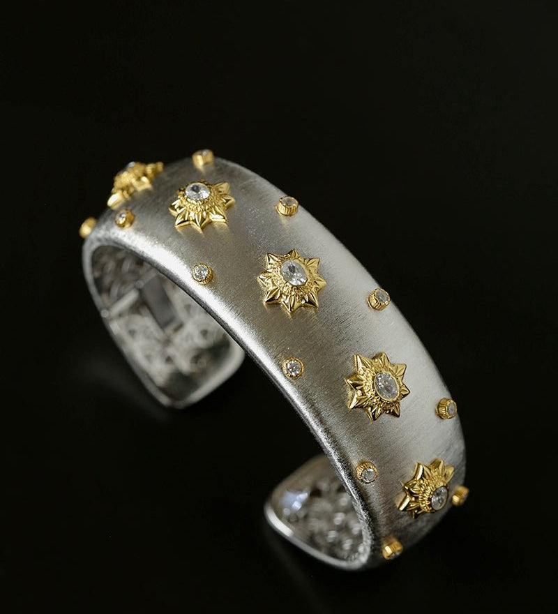 Star - Embellished Wide Cuff Bracelet – Brushed Silver with Gold Stars - floysun