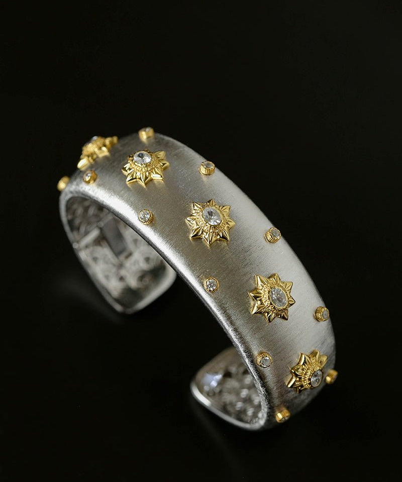 Star - Embellished Wide Cuff Bracelet – Brushed Silver with Gold Stars - floysun