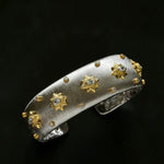 Star - Embellished Wide Cuff Bracelet – Brushed Silver with Gold Stars - floysun