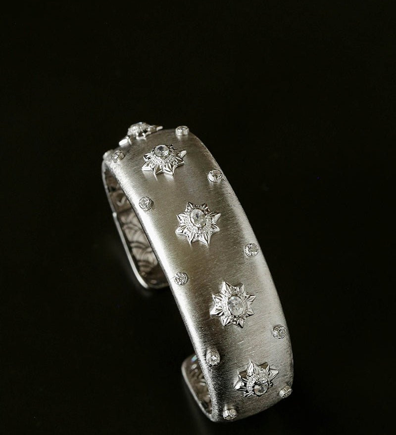 Star - Embellished Wide Cuff Bracelet – Brushed Silver with Silver Stars - floysun