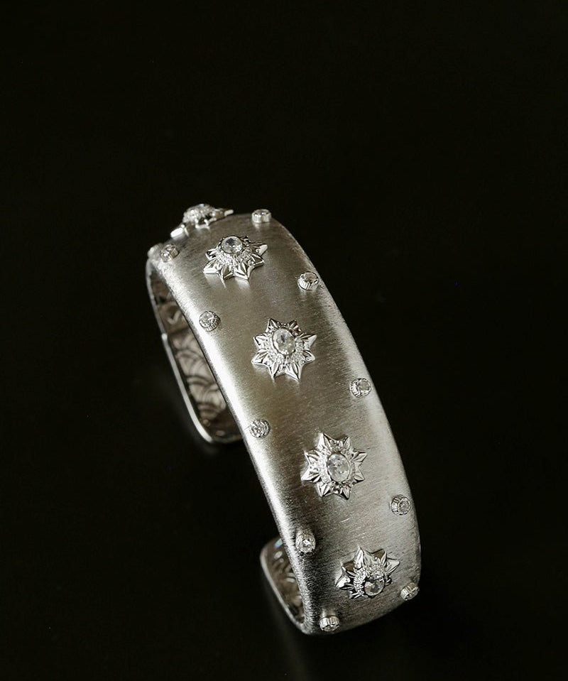 Star - Embellished Wide Cuff Bracelet – Brushed Silver with Silver Stars - floysun