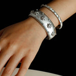 Star - Embellished Wide Cuff Bracelet – Brushed Silver with Silver Stars - floysun