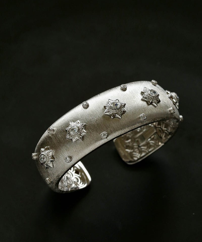 Star - Embellished Wide Cuff Bracelet – Brushed Silver with Silver Stars - floysun