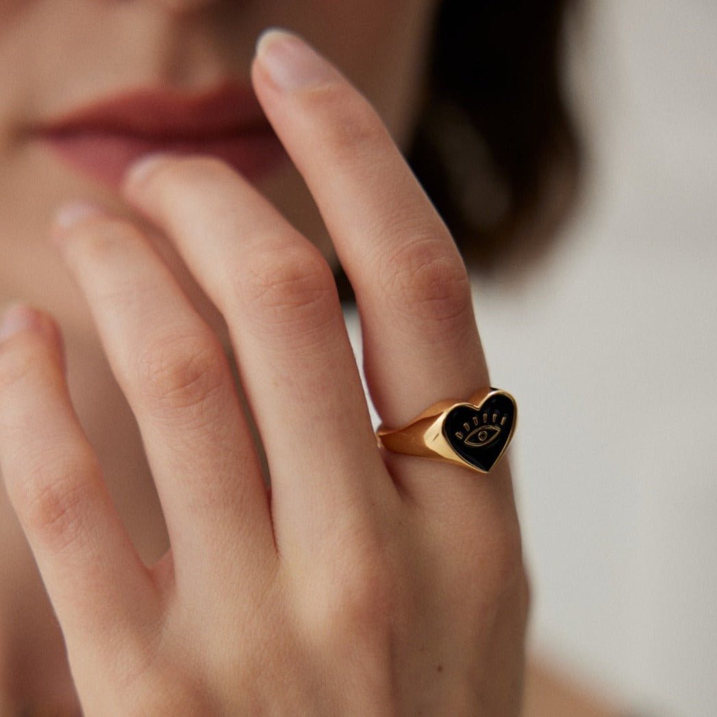 Sterling Silver Adjustable Ring with Black Enamel Heart - floysun