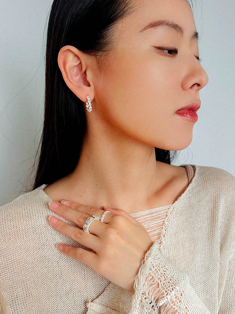 Sterling Silver Floral Hoop C - shaped Earrings - floysun