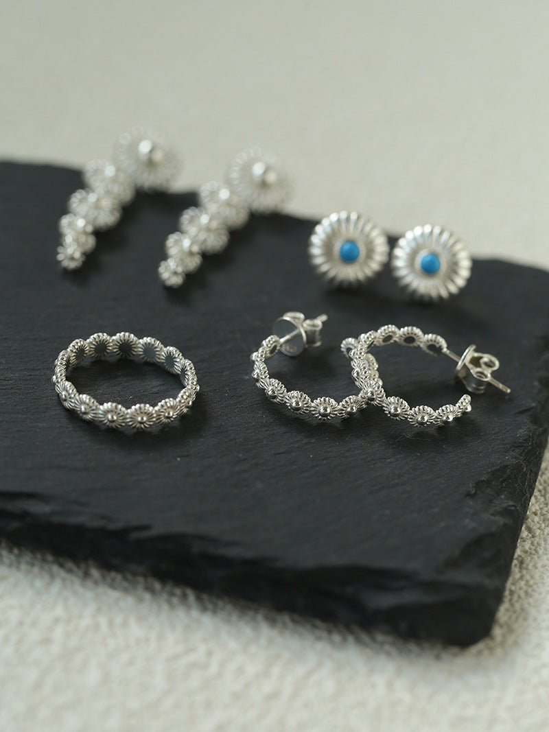 Sterling Silver Floral Hoop C - shaped Earrings - floysun