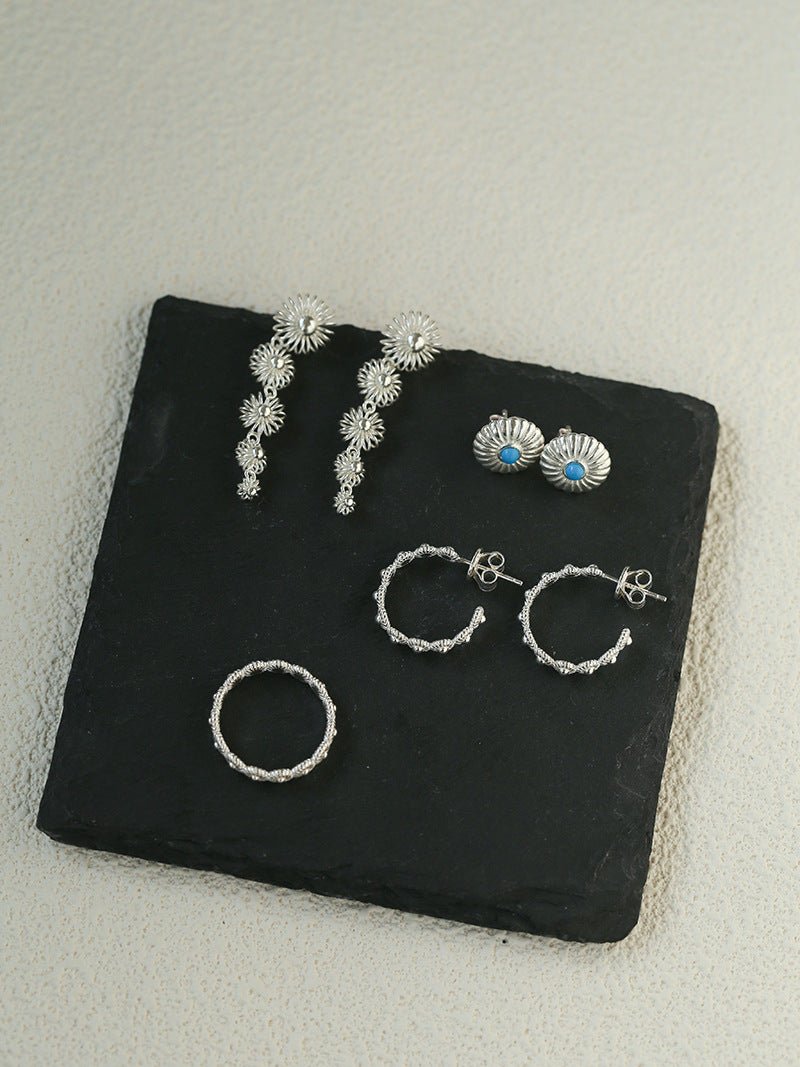 Sterling Silver Floral Hoop C - shaped Earrings - floysun