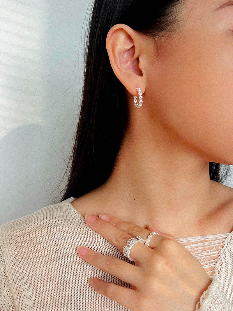 Sterling Silver Floral Hoop C - shaped Earrings - floysun